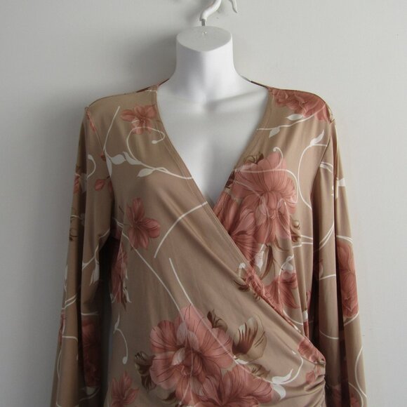 Spiegel Vintage Wrap Dress 12 Tan & Pink Floral Romantic Feminine Classic - Picture 2 of 10